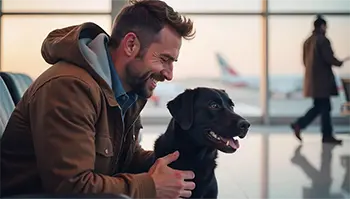 A man with a beard and brown jacket smiles while sitting next to a black dog in an airport terminal. Airplanes are visible through the large windows behind them. Another person walks in the background.