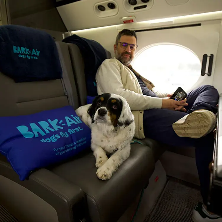 A man on a sleek, modern plane seat holds a phone while his dog lies next to him on another seat with a pillow reading BARK-AIR dogs fly first. This offers the Flight Experience for Dogs.