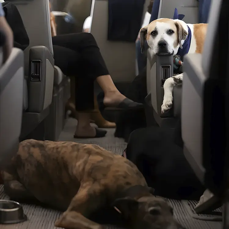 In the airplane cabin, two dogs enjoy the Flight Experience for Dogs. One, wearing a blue bandana, lounges on a seat armrest gazing at the camera, while the other relaxes on the floor. Passengers legs can be seen in the background.