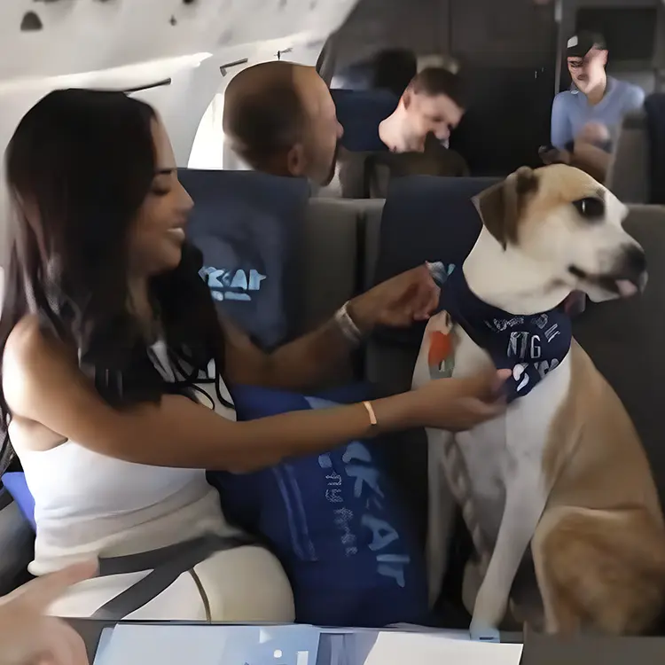 A woman enjoys a Flight Experience for Dogs, sitting next to her dog in a bandana. Smiling, she holds the leash while fellow passengers and another dog interact in the background.