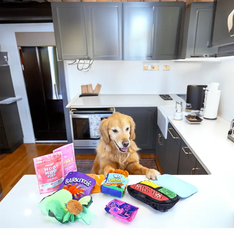 A golden retriever sits at a kitchen counter with the BarkBox Monthly Box of Joy, featuring a green bone and colorful packaging. The kitchen has gray cabinets and white countertops.