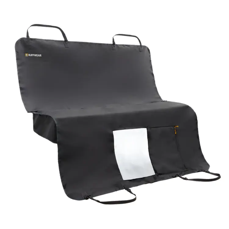 The Dog Seat Cover is a dark gray, waterproof car seat cover for pets. It features adjustable straps for secure attachment, a zipper pocket, offers backseat protection, and includes a white center panel.
