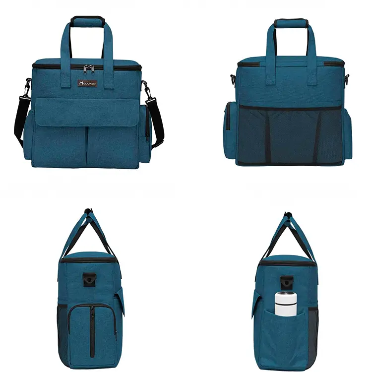 Views of the Dog Travel Bag: Top left shows front with strap and pockets, top right displays back with mesh pocket, bottom left presents side view and strap, while bottom right highlights a side view with a bottle in the mesh pocket. The bag is blue with black accents.