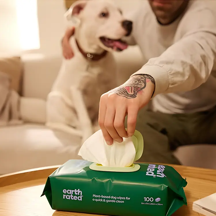 A tattooed individual is pulling a wipe from a green Dog Wipes package labeled earth rated. In the background, a large white dog with a brown collar sits on a couch.