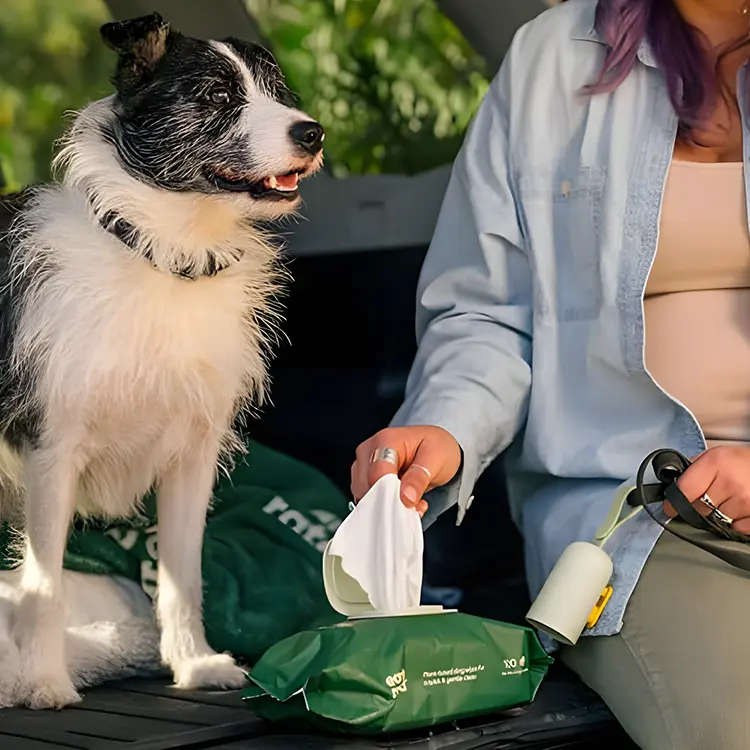 A black and white dog sits attentively next to a person with purple hair, in a light-colored shirt, holding Dog Wipes and a lint roller. They are sitting in the open trunk of their vehicle.