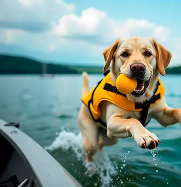 A Labrador Retriever wearing a yellow life vest jumps off a boat into a lake, holding an orange ball in its mouth. The background shows calm water under a cloudy sky.