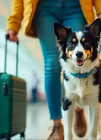 A person in jeans and a yellow jacket walks through an airport, pulling a green suitcase. A black and white dog with a blue collar walks beside them, looking at the camera. The background is blurred, suggesting movement.