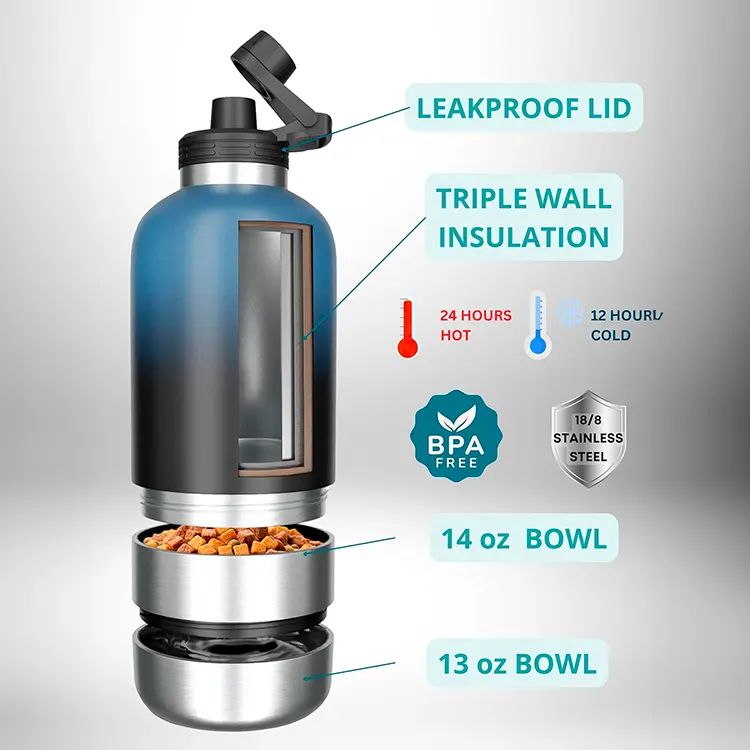 Image of the Insulated Dog Water Bottle featuring a leakproof lid, triple wall insulation for keeping liquids hot for 24 hours and cold for 12, a BPA-free sticker, and an unscrewable base that reveals 14 oz and 13 oz detachable bowls.