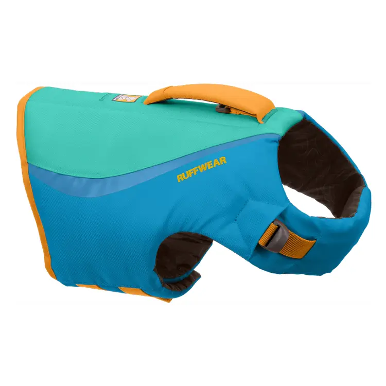 The Ruffwear Dog Life Jacket features a colorful design with turquoise and blue panels, orange accents, and a top handle. It has adjustable straps for a sleek fit, with the brand name visible on the side.