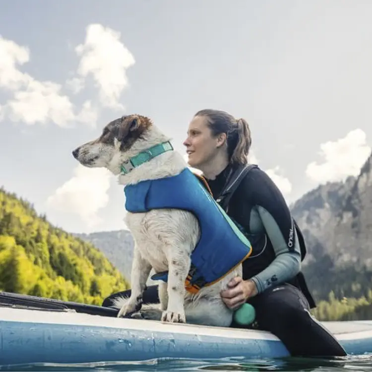 A woman in a wetsuit sits on a paddleboard on a calm lake, holding a dog wearing a Dog Life Jacket. They are surrounded by lush green hills and under a sky dotted with few clouds.