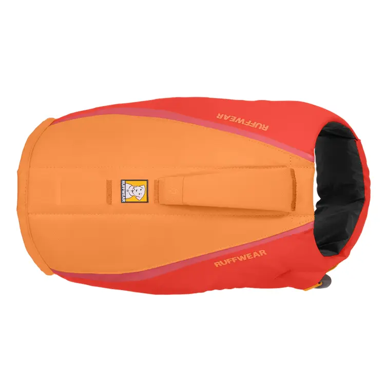 An overhead view shows the Dog Life Jacket by Ruffwear, featuring a handle, black lining, and orange and red colors. A small dog face logo is present, and Ruffwear is visible on the sides.
