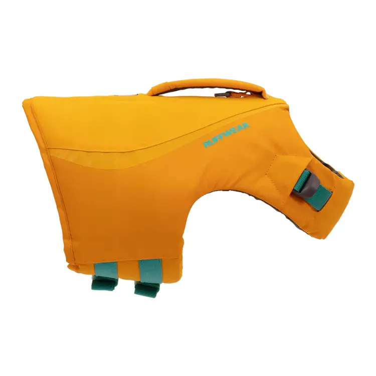 Bright orange Dog Life Jacket with teal straps and top handle, designed for safety and buoyancy. Ideal for various water activities with a visible light blue brand logo.