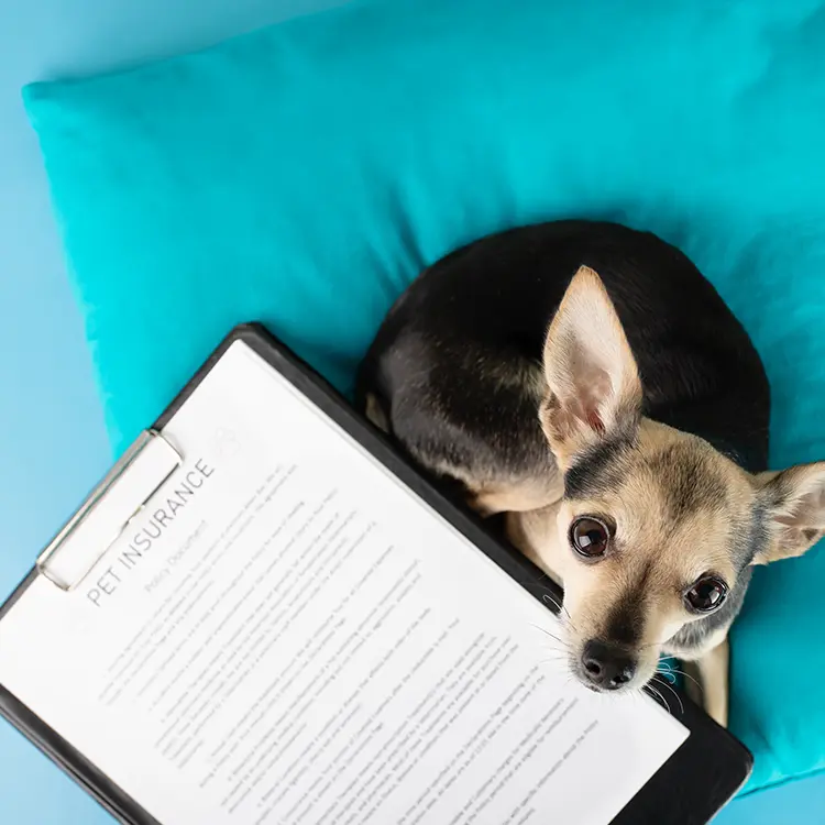A small dog sits on a turquoise cushion near a clipboard featuring Insurance paperwork. The dog gazes upward with wide eyes against a light blue backdrop.