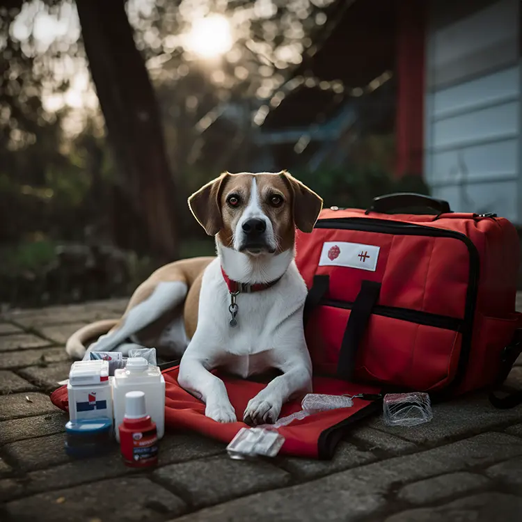 A dog sits attentively on a paved path outdoors next to a red Travel First Aid Kit, surrounded by medical supplies with trees and a building blurred in the background.