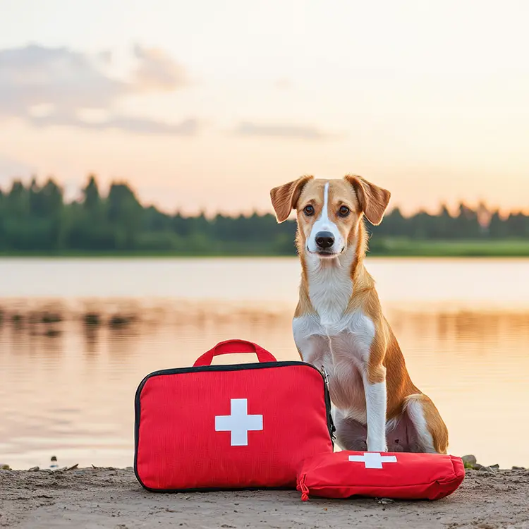 A dog sits by a lake at sunset with two Travel First Aid Kits next to it. The colorful sky reflects on the water, and a tree line is visible in the background, conveying calmness and preparedness.