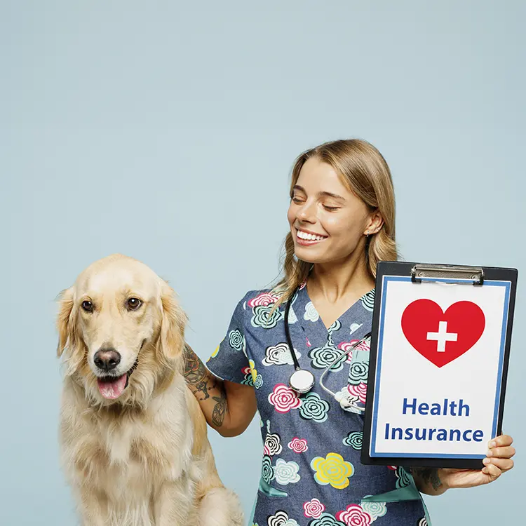A woman in scrubs with a stethoscope holds an Insurance clipboard featuring a red heart and cross. She pets a Golden Retriever beside her against a plain light blue background.
