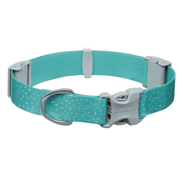 A vibrant cyan RUFFWEAR Dog Waterproof Collar with white speckles and a gray plastic buckle features a metal D-ring for leash attachment. Laid flat, it showcases an adjustable design.