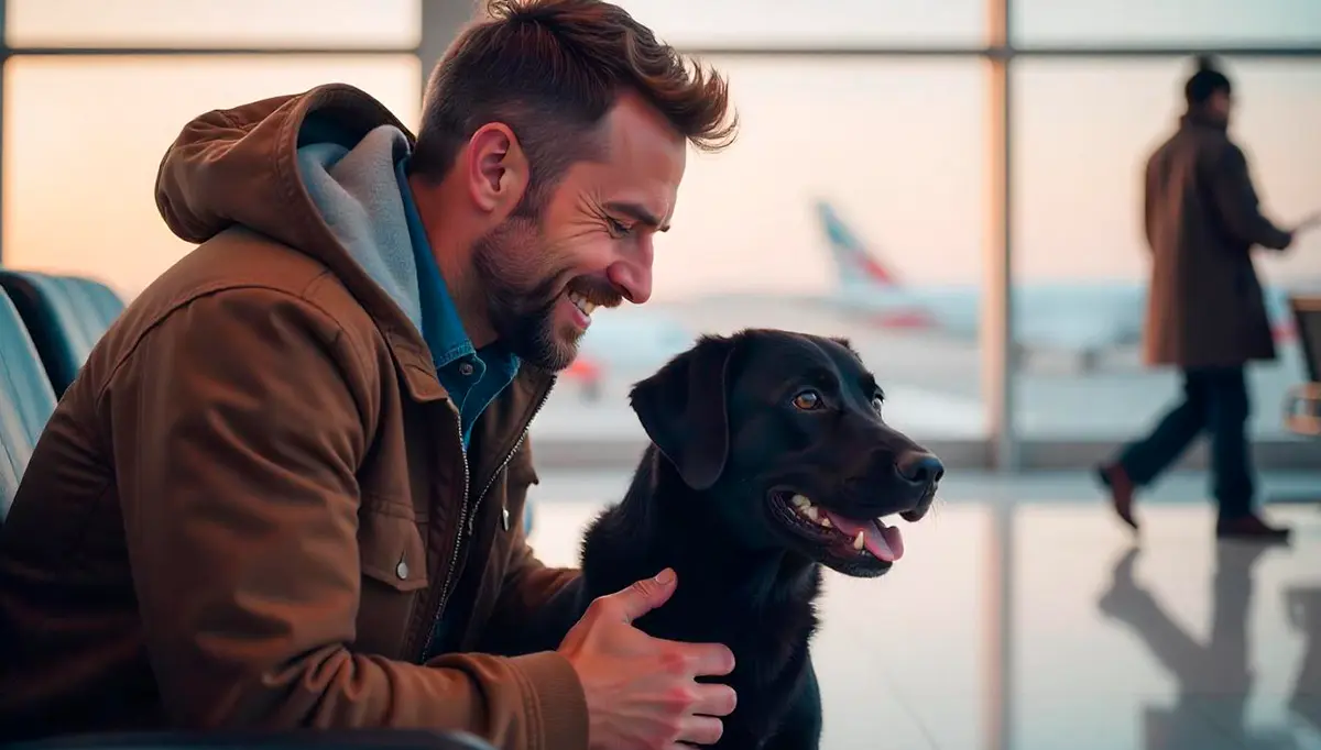 A man with a beard and brown jacket smiles while sitting next to a black dog in an airport terminal. Airplanes are visible through the large windows behind them. Another person walks in the background.