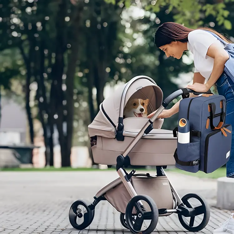 In a park, a woman with a Backpack for Dog Accessories, featuring a bottle in the side pocket, smiles at a dog sitting inside a beige stroller. Trees and a path are in the background.