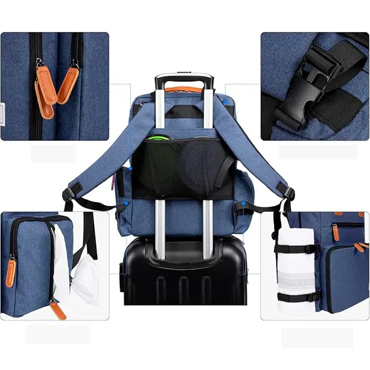 The Backpack for Dog Accessories in blue with brown accents is attached to a suitcase handle. Features include dual zipper pulls, side pockets with buckles and a water bottle holder, a tissue access slot, and a mesh back pocket.