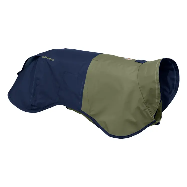 The Dog Raincoat is a two-toned jacket with navy and olive green panels, designed for outdoor use. It features a contoured fit with a small brand logo on the back.