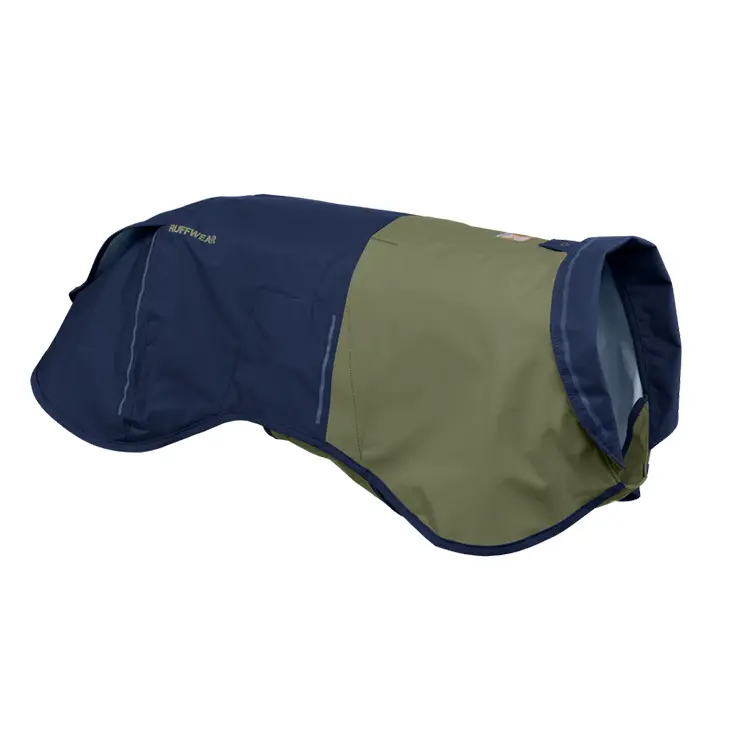 The Dog Raincoat is a two-toned jacket with navy and olive green panels, designed for outdoor use. It features a contoured fit with a small brand logo on the back.