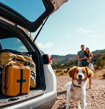 A couple stands in the background, holding hands in a scenic outdoor setting. In the foreground, a dog is happily facing the camera near an open car trunk loaded with luggage, including a yellow suitcase. Hills and blue sky are visible in the distance.