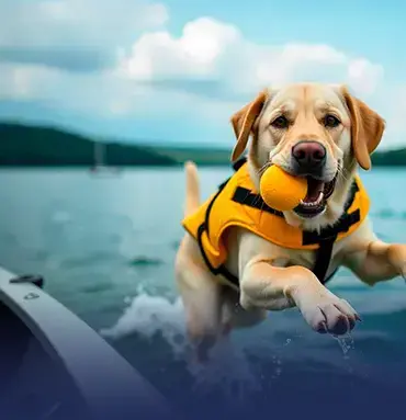 A Labrador Retriever wearing a yellow life vest jumps off a boat into a lake, holding an orange ball in its mouth. The background shows calm water under a cloudy sky.