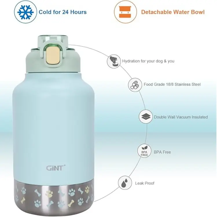 37oz Insulated Stainless Steel Dog & Human Water Bottle with detachable 10oz bowl, double-wall vacuum insulation, BPA-free, leakproof design, and keeps drinks cold for 24 hours