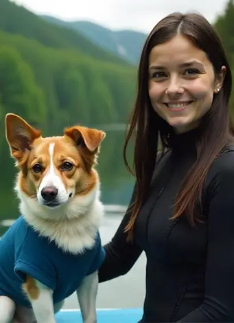 A waist-up shot features a fair-skinned white woman, around 25 years old, with long brown hair, standing next to a corgi dog wearing a blue shirt. The woman is smiling, and she is wearing a black long-sleeved shirt. The dog is looking at the camera. In the background, there is a lake and green mountains. The lighting is soft and diffused, creating a natural and inviting atmosphere. The composition is well-balanced, with the woman and the dog positioned slightly off-center. The image has a warm and friendly tone, suggesting a close bond between the woman and her pet.
