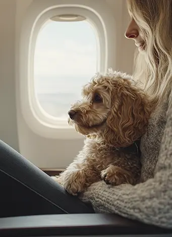 A medium shot captures a fair-skinned, blonde woman, around 25 years old, seated on an airplane, cradling a small, curly-haired dog. The woman, seen in profile, gazes out of the window, her expression thoughtful. She is dressed in a cozy, light-colored sweater and dark jeans. The dog, with its soft, golden curls, looks out the window as well. The airplane interior is visible, with the window providing a view of the sky. The lighting is soft and diffused, creating a warm, intimate atmosphere. The composition is balanced, with the woman and dog occupying the right side of the frame and the airplane interior filling the left. The image has a slightly desaturated color palette, enhancing the cozy, comforting mood.