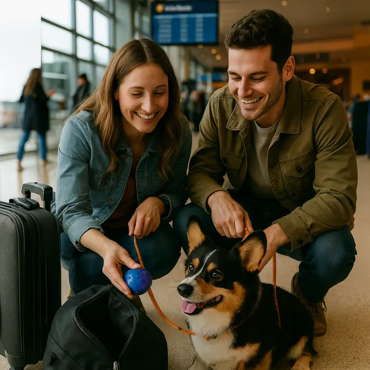 Couple traveling with their Corgi dog at the airport, kneeling beside their luggage and offering the dog a toy before a flight.