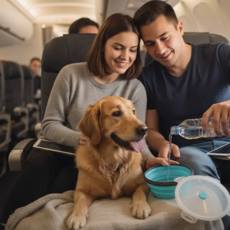 Dog seated comfortably on an airplane with a couple using a collapsible travel water bowl and bottle during their flight.