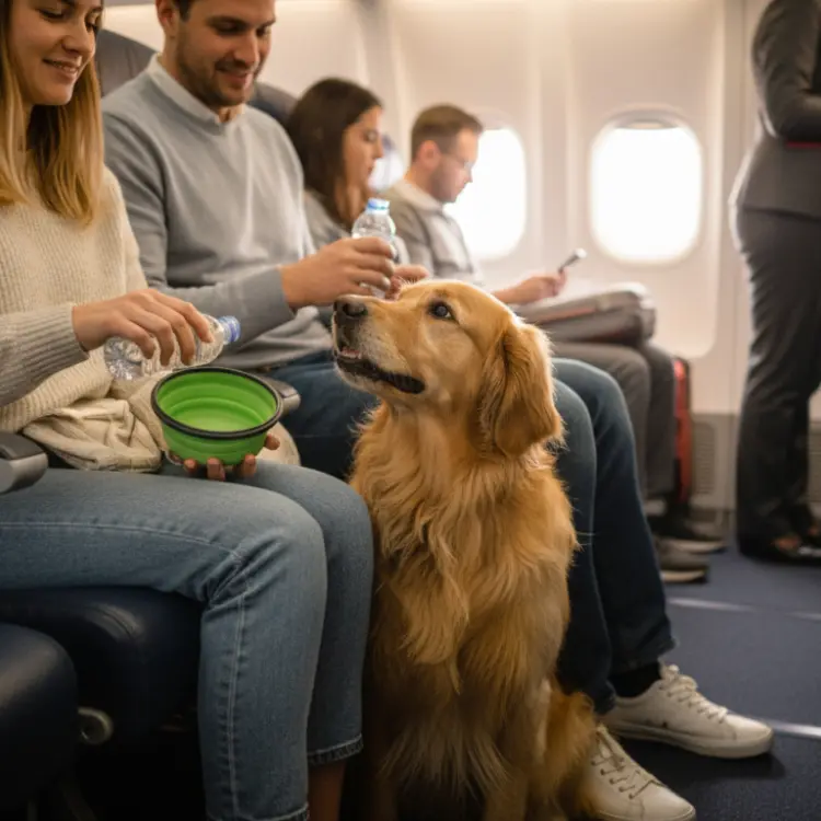 Dog sitting on an airplane being offered water in a collapsible travel bowl by its owners during the flight.