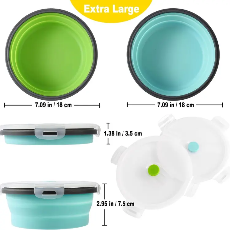 Collapsible extra-large silicone dog bowls with lids, shown with measurements and side profiles for size comparison.
