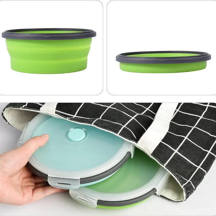 Set of collapsible silicone dog travel bowls shown flat and expanded, including a compact version being stored in a bag for easy packing.