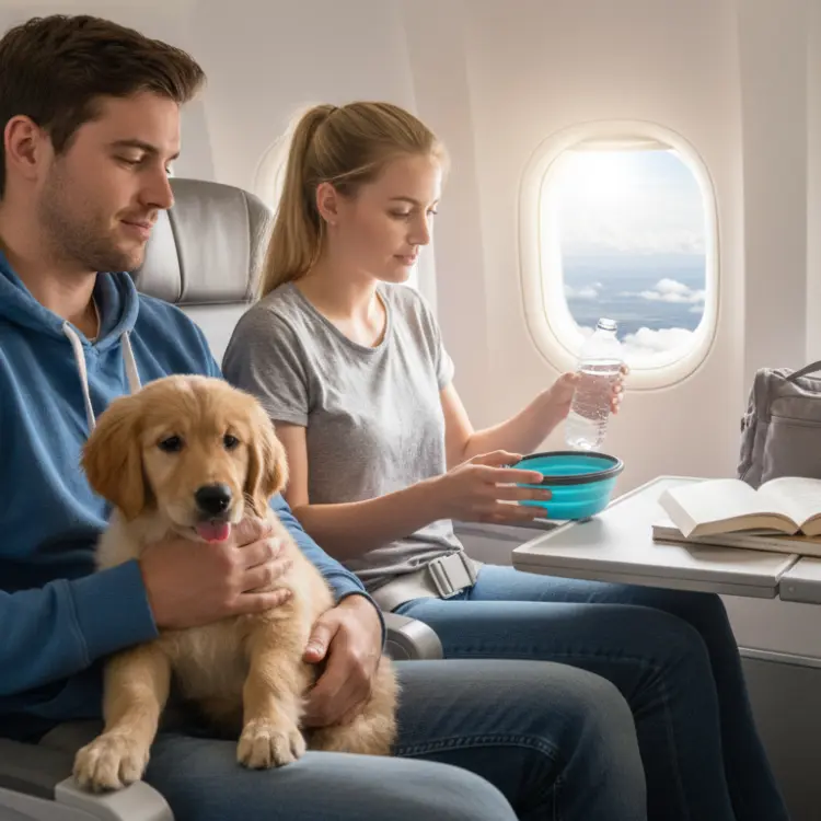 Couple traveling on an airplane with their dog, using a collapsible travel water bowl during the flight.
