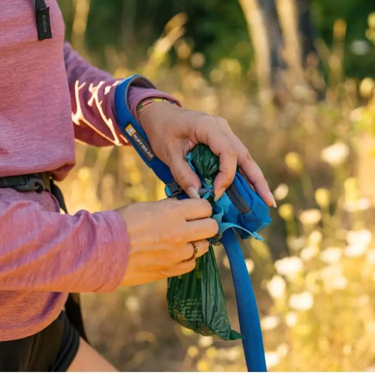 Hiker attaching a dog poop bag holder to a leash, showing hands-free waste bag access on outdoor walks.