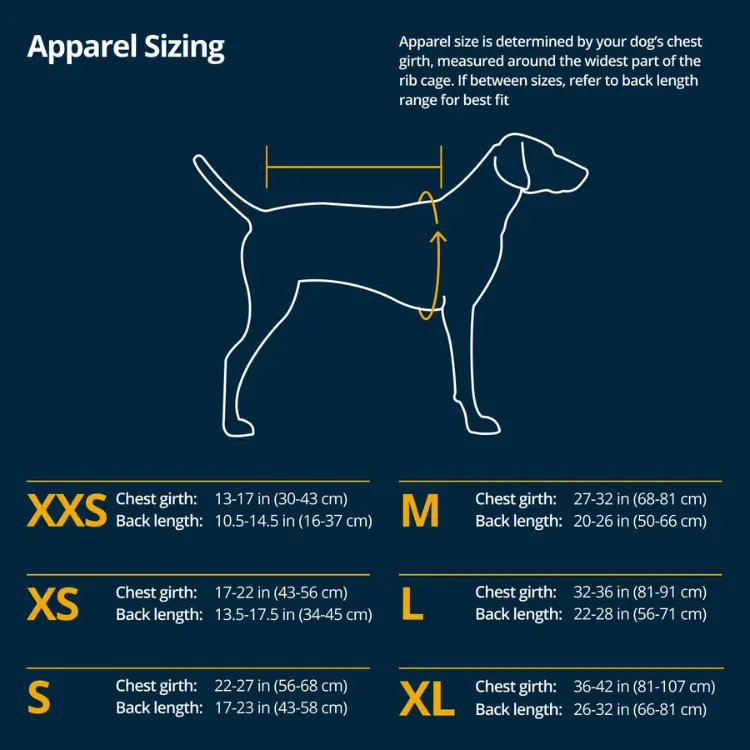 Dog jacket sizing chart displaying chest girth and back length measurements for XXS to XL apparel sizes.