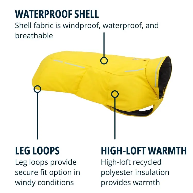 Yellow insulated waterproof dog jacket with leg loops and high-loft warmth, showing windproof and breathable shell features.